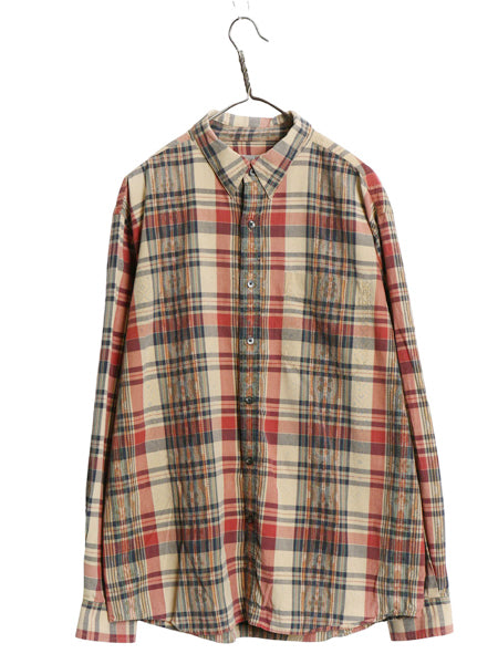 90s テリトリー アヘッド マドラス チェック 長袖 シャツ メンズ L 古着 オールド コットン ハンドプリント 総柄 カジュアル マルチカラー