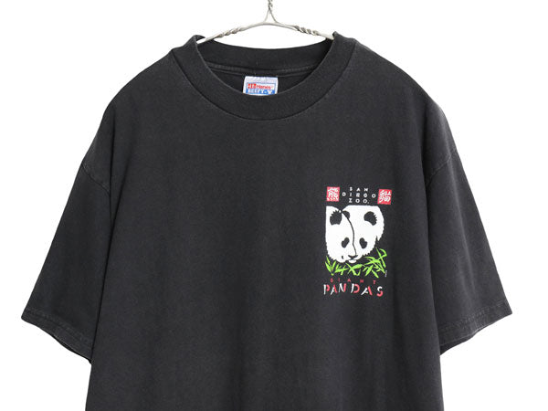 90s パンダ 両面 イラスト プリント 半袖 Tシャツ メンズ L 古着 オールド アニマル アート グラフィック キャラクター ヘビーウェイト 黒