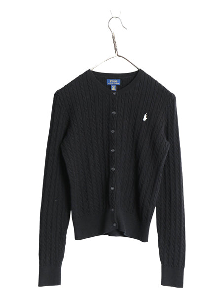 ポロ ラルフローレン コットン ケーブル ニット カーディガン キッズ XL レディース XS セーター 前開き ワンポイント ショート丈 ブラック