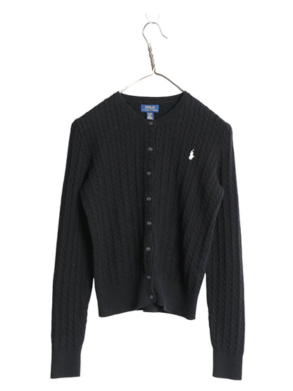 ポロ ラルフローレン コットン ケーブル ニット カーディガン キッズ XL レディース XS セーター 前開き ワンポイント ショート丈 ブラック