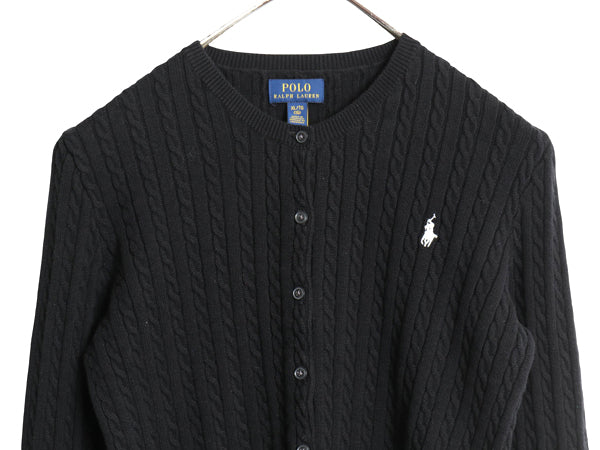 ポロ ラルフローレン コットン ケーブル ニット カーディガン キッズ XL レディース XS セーター 前開き ワンポイント ショート丈 ブラック