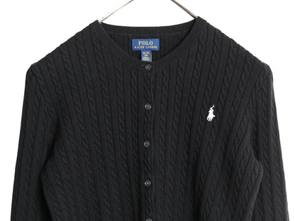 ポロ ラルフローレン コットン ケーブル ニット カーディガン キッズ XL レディース XS セーター 前開き ワンポイント ショート丈 ブラック