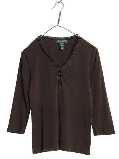 00s ローレン ラルフローレン Vネック 長袖 Tシャツ レディース M オールド 7分袖 カットソー ストレッチ コットン 襟レース きれいめ 無地