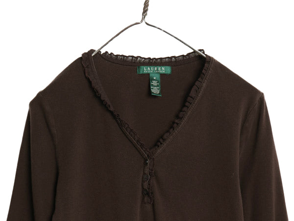 00s ローレン ラルフローレン Vネック 長袖 Tシャツ レディース M オールド 7分袖 カットソー ストレッチ コットン 襟レース きれいめ 無地
