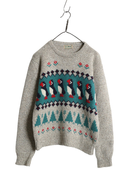 80s エルエルビーン ウール デザイン ニット セーター レディース S ヴィンテージ 長袖ニット 絵柄 ペンギン イラスト バーズアイ かわいい