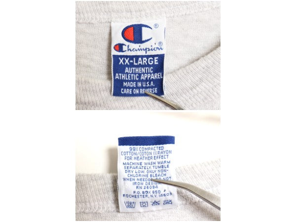 90s USA製 チャンピオン プリント Tシャツ メンズ XXL オールド シングルステッチ ヘビーウェイト 大きいサイズ 目付き グレー スーベニア