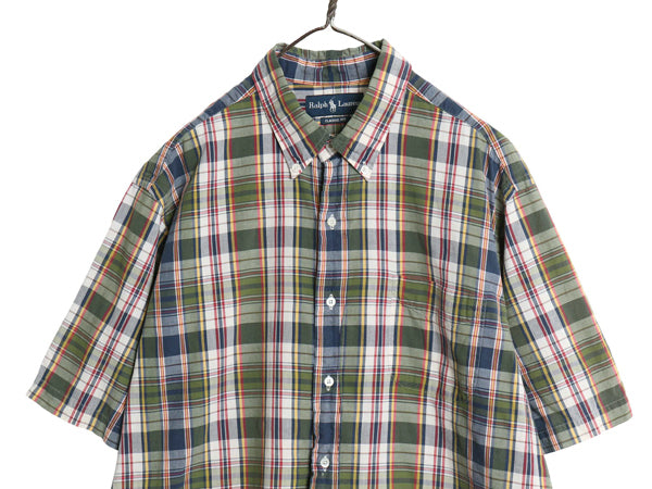 90s ラルフローレン 半袖 ボタンダウン シャツ メンズ XL / 古着 オールド ポロ コットン マドラス チェック 半袖シャツ 薄手 大きいサイズ