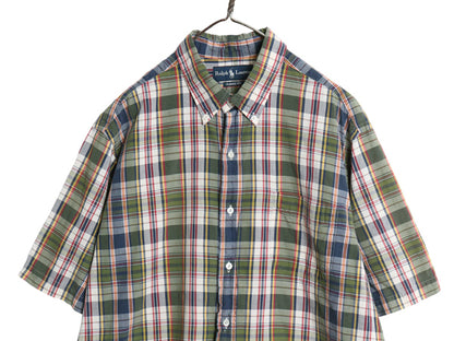 90s ラルフローレン 半袖 ボタンダウン シャツ メンズ XL / 古着 オールド ポロ コットン マドラス チェック 半袖シャツ 薄手 大きいサイズ