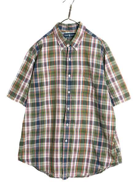 90s ラルフローレン 半袖 ボタンダウン シャツ メンズ XL / 古着 オールド ポロ コットン マドラス チェック 半袖シャツ 薄手 大きいサイズ