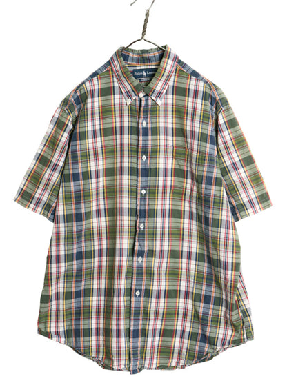 90s ラルフローレン 半袖 ボタンダウン シャツ メンズ XL / 古着 オールド ポロ コットン マドラス チェック 半袖シャツ 薄手 大きいサイズ