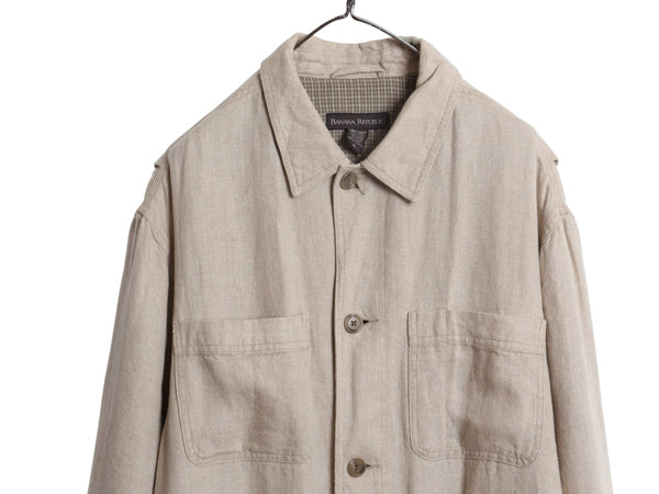 90s ★ バナナリパブリック 100% リネン カバーオール ジャケット メンズ M オールド ワーク ハーフ コート ライナー付き 無地 ナチュラル