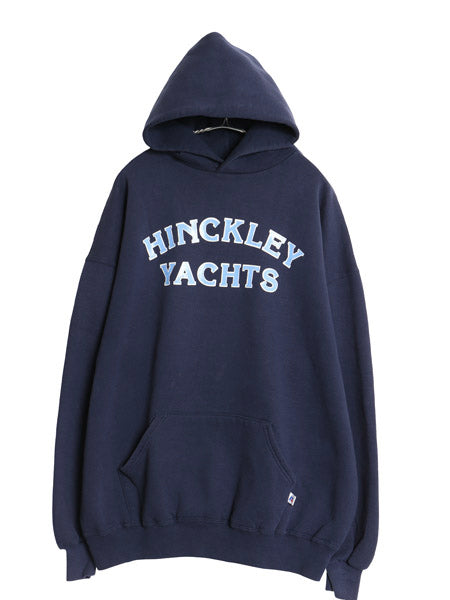 90s USA製 ラッセル 企業  両面 プリント スウェット フード パーカー メンズ レディース XXL オールド トレーナー 裏起毛 大きいサイズ 紺
