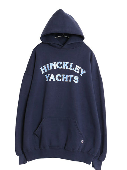 90s USA製 ラッセル 企業  両面 プリント スウェット フード パーカー メンズ レディース XXL オールド トレーナー 裏起毛 大きいサイズ 紺