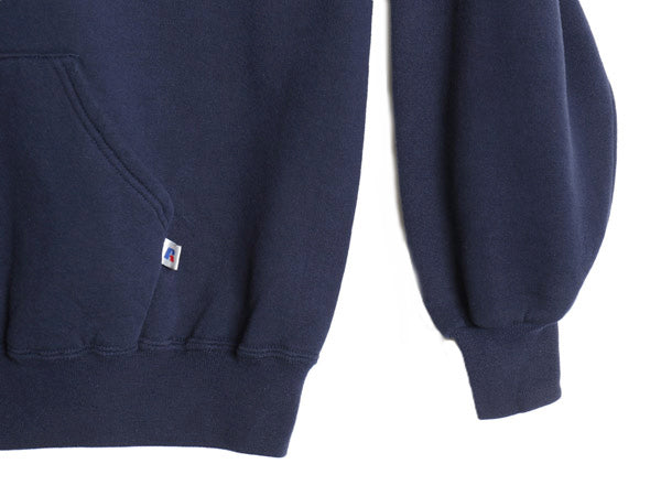90s USA製 ラッセル 企業  両面 プリント スウェット フード パーカー メンズ レディース XXL オールド トレーナー 裏起毛 大きいサイズ 紺