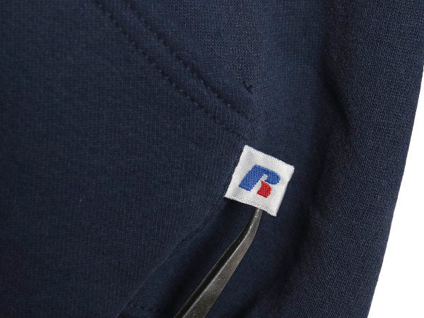 00s ラッセル カレッジ プリント スウェット フード パーカー メンズ レディース M オールド トレーナー 裏起毛 プルオーバー シンプル 紺