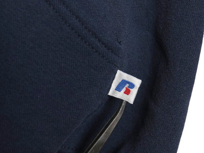 00s ラッセル カレッジ プリント スウェット フード パーカー メンズ レディース M オールド トレーナー 裏起毛 プルオーバー シンプル 紺