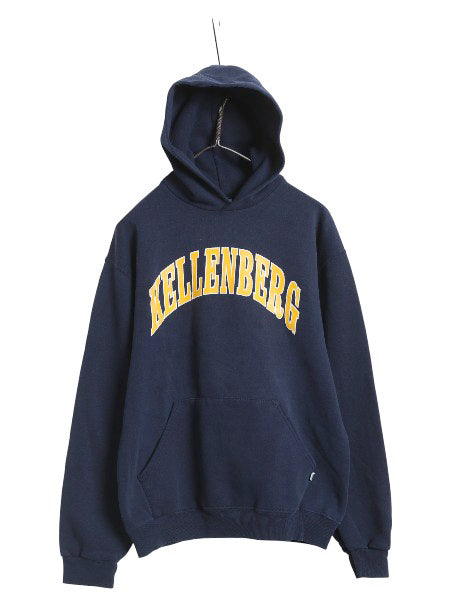 00s ラッセル カレッジ プリント スウェット フード パーカー メンズ レディース M オールド トレーナー 裏起毛 プルオーバー シンプル 紺