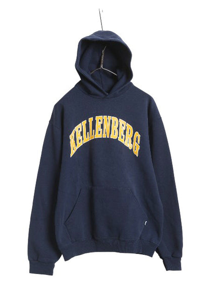 00s ラッセル カレッジ プリント スウェット フード パーカー メンズ レディース M オールド トレーナー 裏起毛 プルオーバー シンプル 紺