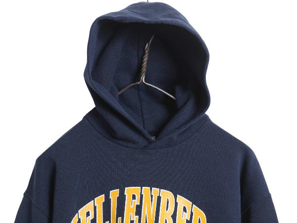 00s ラッセル カレッジ プリント スウェット フード パーカー メンズ レディース M オールド トレーナー 裏起毛 プルオーバー シンプル 紺