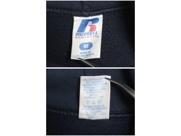 00s ラッセル カレッジ プリント スウェット フード パーカー メンズ レディース M オールド トレーナー 裏起毛 プルオーバー シンプル 紺