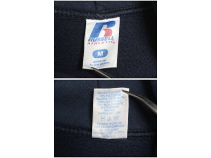 00s ラッセル カレッジ プリント スウェット フード パーカー メンズ レディース M オールド トレーナー 裏起毛 プルオーバー シンプル 紺
