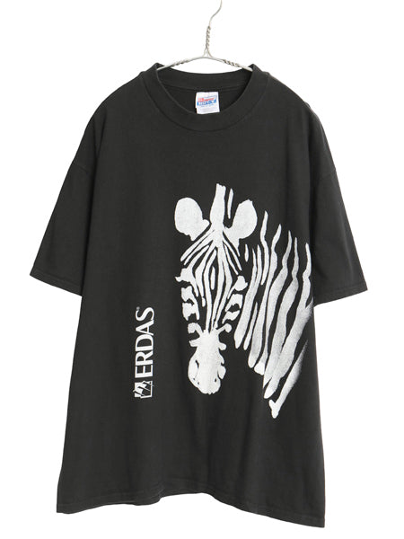 90s 企業 シマウマ 両面 プリント Tシャツ メンズ XL オールド メッセージ グラフィック アート イラスト ヘビーウェイト 大きいサイズ 黒