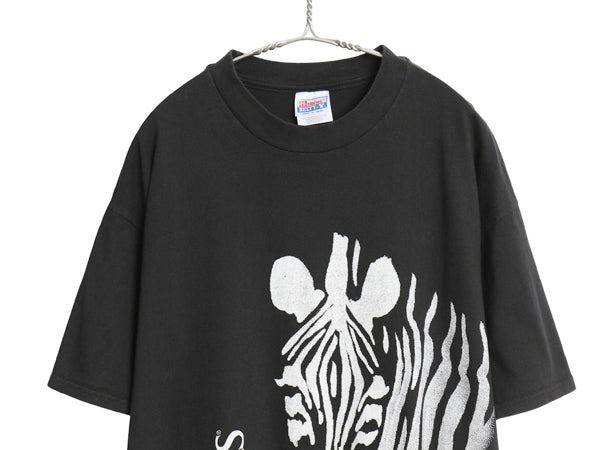 90s 企業 シマウマ 両面 プリント Tシャツ メンズ XL オールド メッセージ グラフィック アート イラスト ヘビーウェイト 大きいサイズ 黒