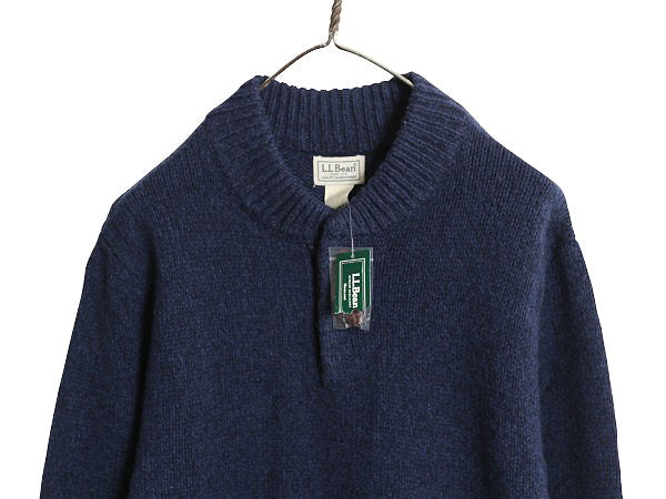 デットストック エルエルビーン ヘンリーネック ニット セーター メンズ M / ラム ウール モックネック 長袖ニット プルオーバー 無地 紺