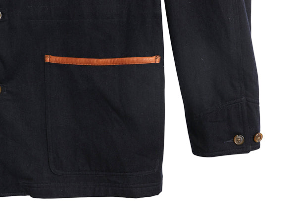 00s ★ オービス バーン ジャケット メンズ L 古着 オールド アウトドア 本革 レザー 切替 ウール コットン ハンティング カバーオール 紺