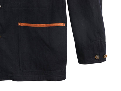 00s ★ オービス バーン ジャケット メンズ L 古着 オールド アウトドア 本革 レザー 切替 ウール コットン ハンティング カバーオール 紺