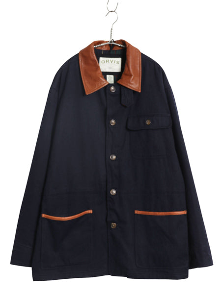 00s ★ オービス バーン ジャケット メンズ L 古着 オールド アウトドア 本革 レザー 切替 ウール コットン ハンティング カバーオール 紺