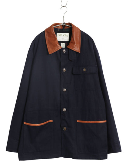 00s ★ オービス バーン ジャケット メンズ L 古着 オールド アウトドア 本革 レザー 切替 ウール コットン ハンティング カバーオール 紺