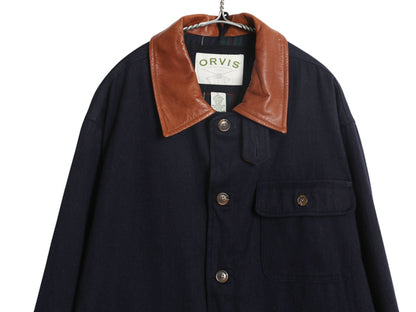 00s ★ オービス バーン ジャケット メンズ L 古着 オールド アウトドア 本革 レザー 切替 ウール コットン ハンティング カバーオール 紺