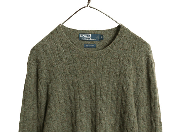 00s ポロ ラルフローレン ケーブル ニット セーター メンズ М オールド 100% カシミヤ 長袖ニット ポニー無し 無地 シンプル 薄手 カーキ