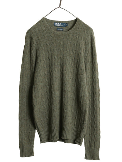 00s ポロ ラルフローレン ケーブル ニット セーター メンズ М オールド 100% カシミヤ 長袖ニット ポニー無し 無地 シンプル 薄手 カーキ