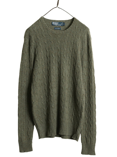 00s ポロ ラルフローレン ケーブル ニット セーター メンズ М オールド 100% カシミヤ 長袖ニット ポニー無し 無地 シンプル 薄手 カーキ