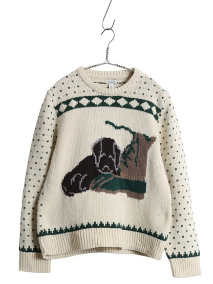 エルエルビーン デザイン ニット セーター レディース S ラム ウール 長袖ニット バーズアイ アニマル ドッグ ビーンブーツ 絵柄 かわいい