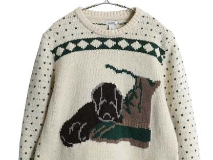 エルエルビーン デザイン ニット セーター レディース S ラム ウール 長袖ニット バーズアイ アニマル ドッグ ビーンブーツ 絵柄 かわいい