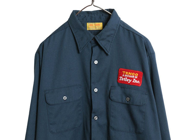 70s USA製 ビッグヤンク 長袖 ワーク シャツ メンズ L / ヴィンテージ 企業 ワッペン ワンポイント シワになりにくい 長袖シャツ ネイビー