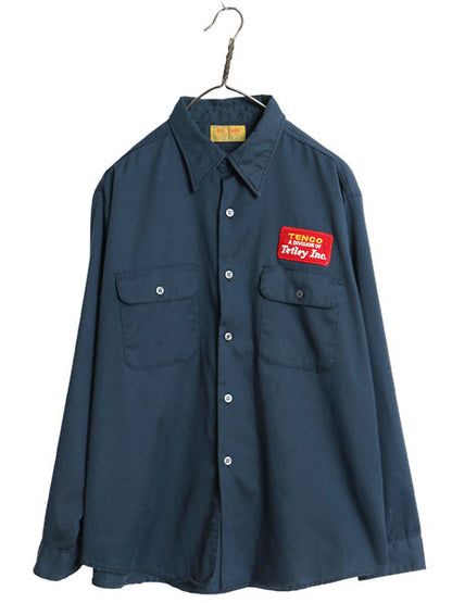 70s USA製 ビッグヤンク 長袖 ワーク シャツ メンズ L / ヴィンテージ 企業 ワッペン ワンポイント シワになりにくい 長袖シャツ ネイビー