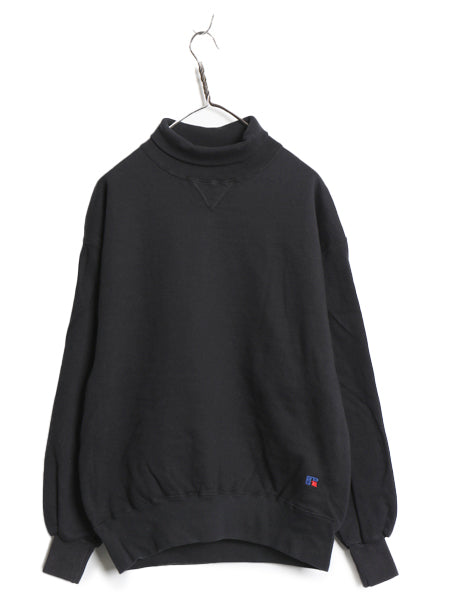 90s USA製 ラッセル 無地 タートルネック スウェット メンズ レディース L 古着 オールド 前V ワンポイント 裏起毛 ハイネック ブランク 黒