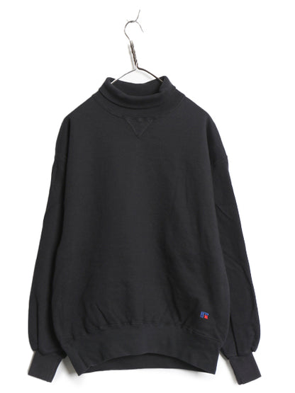 90s USA製 ラッセル 無地 タートルネック スウェット メンズ レディース L 古着 オールド 前V ワンポイント 裏起毛 ハイネック ブランク 黒