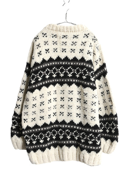 エクアドル製 ウール ニット セーター メンズ レディース L / 総柄 手編み ハンドメイド ノルディック バーズアイ ローゲージ マルチカラー