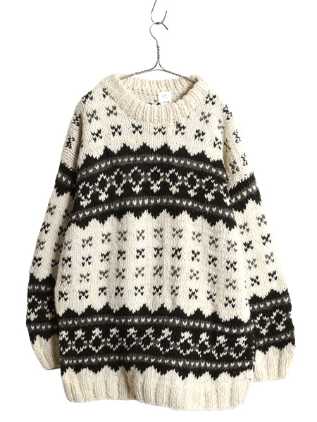 エクアドル製 ウール ニット セーター メンズ レディース L / 総柄 手編み ハンドメイド ノルディック バーズアイ ローゲージ マルチカラー