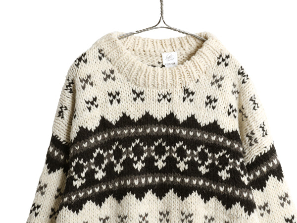 エクアドル製 ウール ニット セーター メンズ レディース L / 総柄 手編み ハンドメイド ノルディック バーズアイ ローゲージ マルチカラー