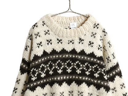 エクアドル製 ウール ニット セーター メンズ レディース L / 総柄 手編み ハンドメイド ノルディック バーズアイ ローゲージ マルチカラー