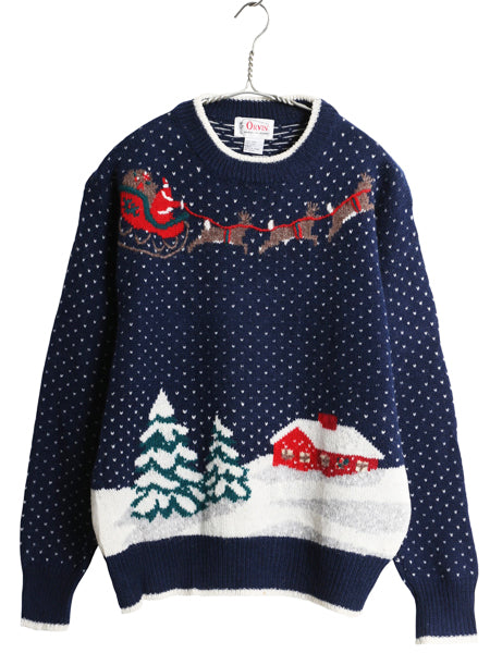 80s オービス デザイン ニット セーター レディース L / ヴィンテージ 長袖ニット シェットランド ウール バーズアイ クリスマス イラスト 