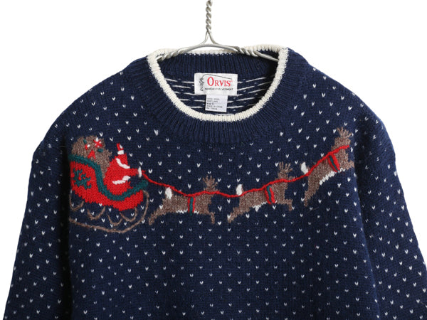 80s オービス デザイン ニット セーター レディース L / ヴィンテージ 長袖ニット シェットランド ウール バーズアイ クリスマス イラスト 