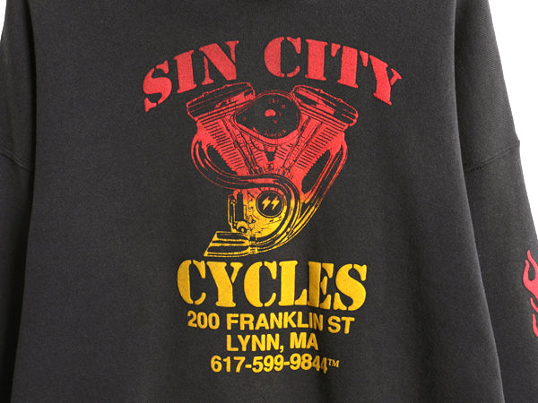 90s USA製 全面 プリント スウェット フード パーカー メンズ L オールド トレーナー ハーレー バイク スカル ファイヤー 黒 企業物 裏起毛