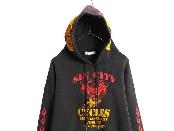 90s USA製 全面 プリント スウェット フード パーカー メンズ L オールド トレーナー ハーレー バイク スカル ファイヤー 黒 企業物 裏起毛